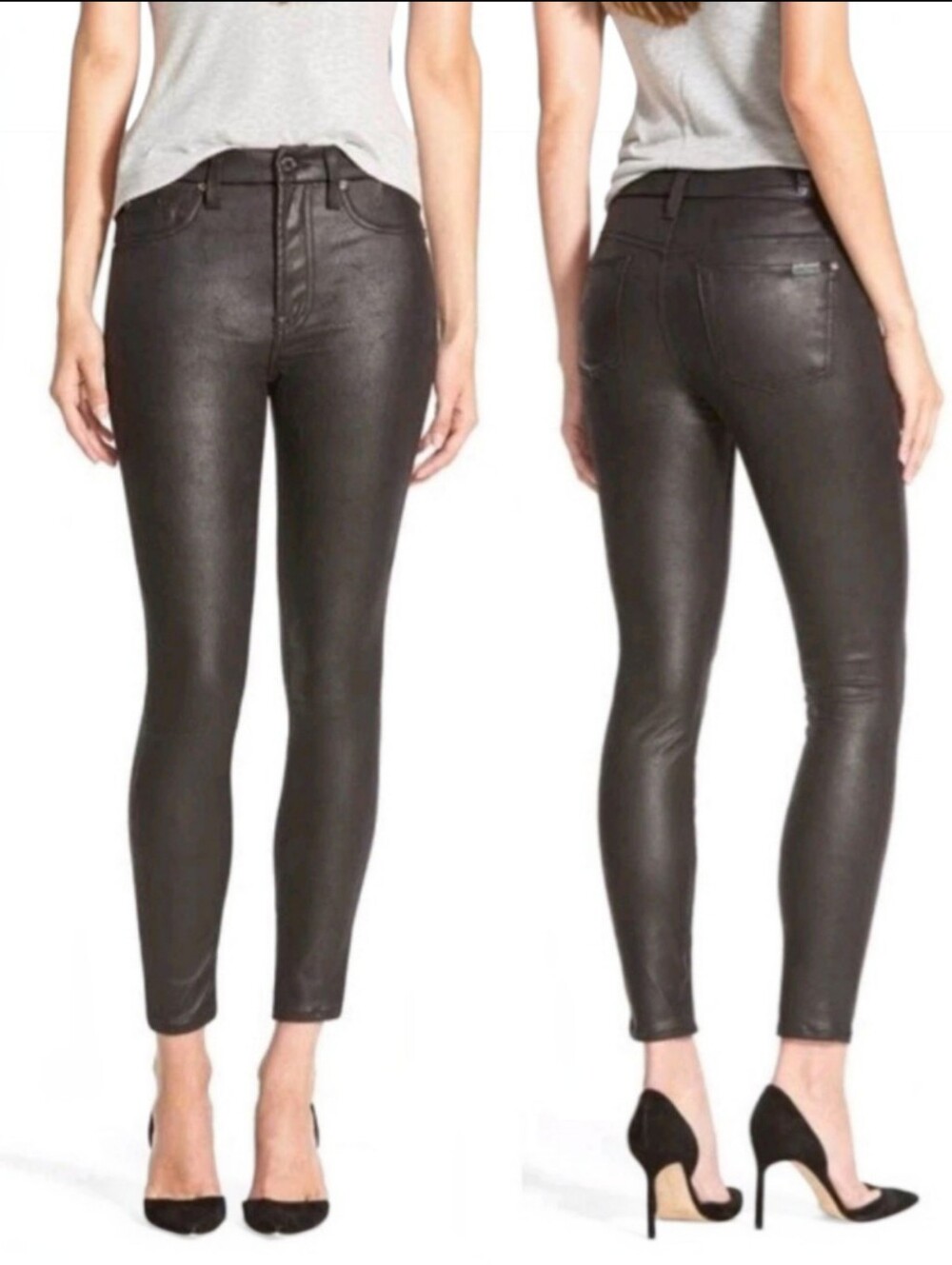 7 For All Mankind High Waisted Knee Seam Charcoal Faux Leather Pants, 29, NWT
